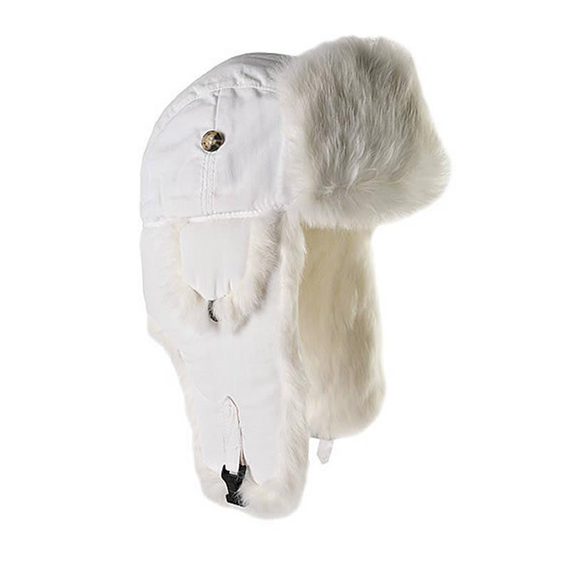 Mad Bomber White Supplex Bomber Hats with White Rabbit Fur 303