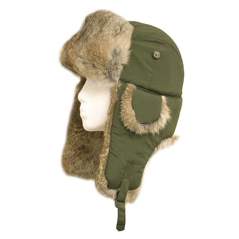Mad Bomber Olive Bomber Hats with Grey/Brown Rabbit Fur 305N10